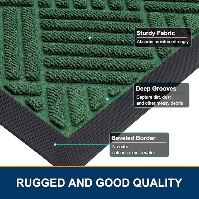 Smiry Front Door Mat Outside Entrance, Heavy Duty Outdoor Indoor Natural Rubber Doormat, Non Slip, Trap Dirt and Moisture, Easy Clean, Low Profile Patio Porch Entryway Mat, 59x23, Green