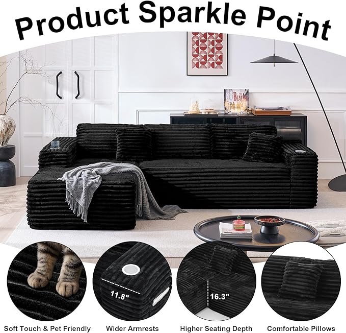 Cloud Sectional Couch with L-Shape Chaise, Modern Modular Sofa with Deep Seat, Built-in Cup Holder & Storage Pocket for Living Room Bedroom, No Assembly Required (Black, Right Sitting Chaise)