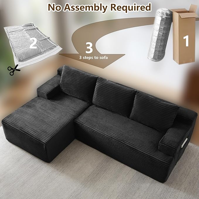 96.1" Modular Sectional Sofa Couches L-Shape Couch 3 Seat Modular Sofa Corduroy Memory Foam Sectional Boneless Couches for Living Room, Cloud Couch with Oversized Chaise(Black, Left Facing)