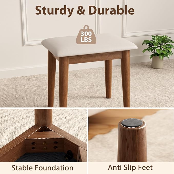 DONGMUWUJEE Solid Wood Foot Stool, Upholstered Ottoman Foot Rest for Couch, Padded Footstool, Leg Rest for Chair, Small Bench for Entryway, Cushioned Vanity Stool for Bedroom, Living Room, Walnut