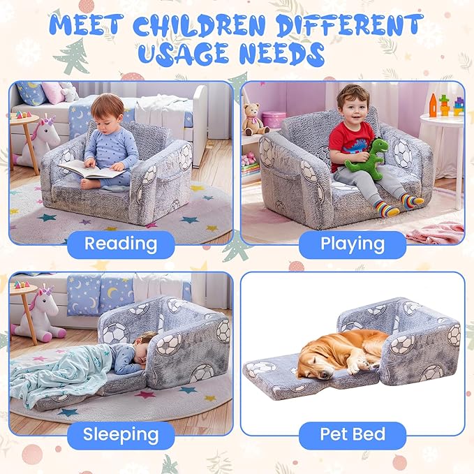 Lamerge 2-in-1 Soft Toddler Couch Fold Out,Foldable Toddler Chair, Glow in The Dark Kids Sofa for playroom,Convertible Foam and Floor Cushion for Boys and Girls (Grey and Football)