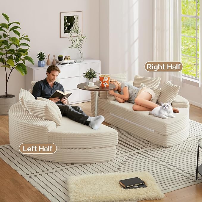 Antetek Chaise Lounge Chair Indoor, Convertible Folding Futon Sofa Bed w/ 5 Pillows, Fluffy Corduroy Boneless Compressed Memory Foam Couch for Living Room, Bedroom (Beige, Left Half)