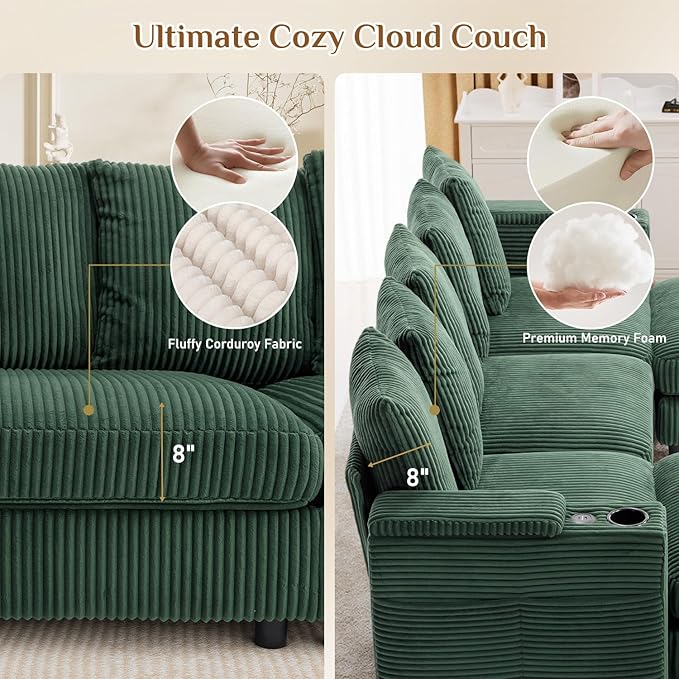 110" W x 60" D U Shape Sectional Sofa with USB Charging & Cup Holder & Storage, 5 Seater Plush Corduroy Couches with Movable Ottoman, Cloud Couch Sofas for Living Room, DIY Combination - Green
