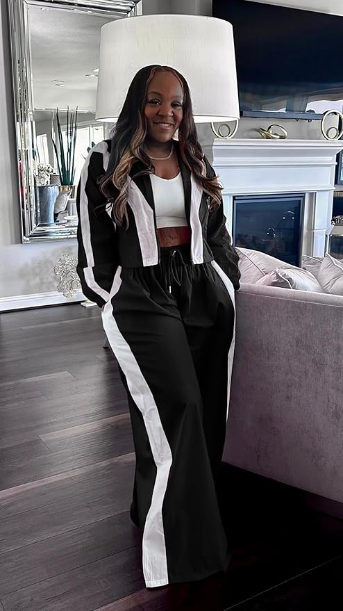 Women Striped 2 Piece Outfits Fall Workout Sets Windbreaker Tracksuit Crop Jacket Wide Leg Pants with Pockets