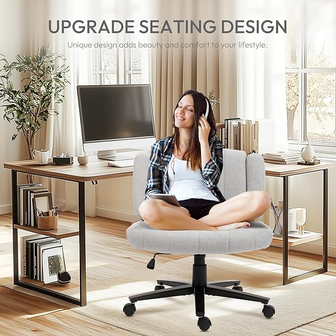 Vigosit Grey Criss Cross Office Chair with Wheels, Ergonomic Wide Seat Vanity & Dressing Table Chair, Adjustable Arms Swivel Rolling Desk Chair for Women, Comfortable Cross-Legged Support