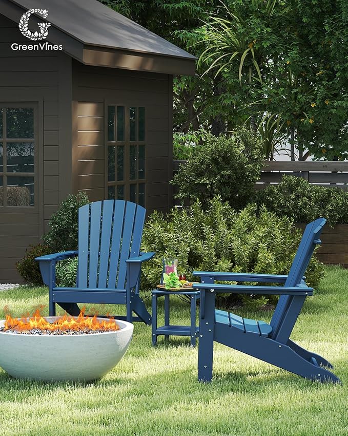 GREENVINES Adirondack Chairs Set of 4 | HDPE Plastic | Oversized Fire Pit Chair | All Weather | Blue | Poly Lumber | for Outdoor Deck Backyard Patio Garden