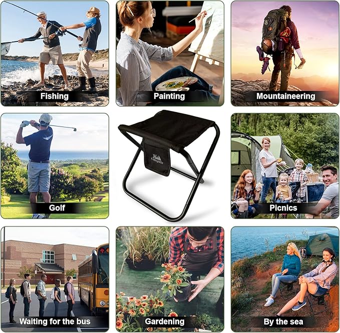 K-MingleSo Upgraded Portable Folding Stool, 13 Inch Camping Stool for Adults Fishing Hiking Gardening and Beach with Carry Bag, Hold Up to 450lbs[Black]
