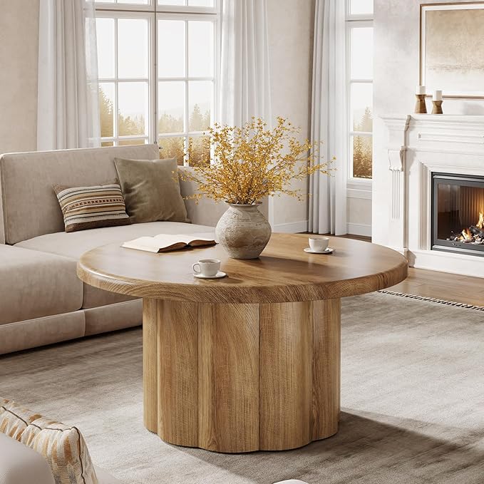 Tribesigns 31.5" Round Coffee Table for Living Room, Farmhouse Circle Center Cocktail Table with Fluted Drum Base, Wooden Living Room Furniture for Apartment, Small Space, Brown