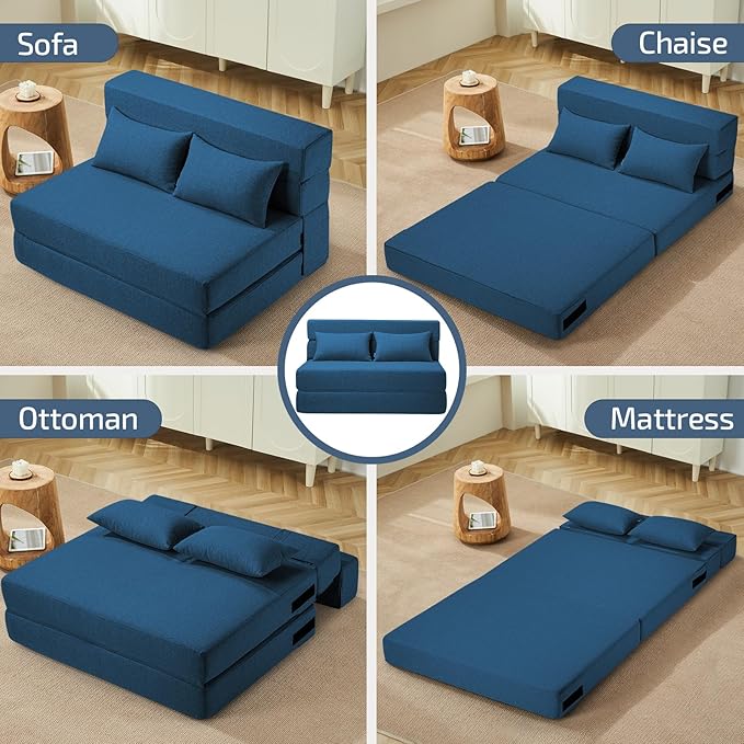 Folding Sofa Bed with Pillow- Convertible Chair Floor Couch & Sleeping Mattress, Foldable Memory Foam Sleeper for Living Room/Dorm/Guest Room/Home Office/Apartment/Loft,Twin,Navy Blue