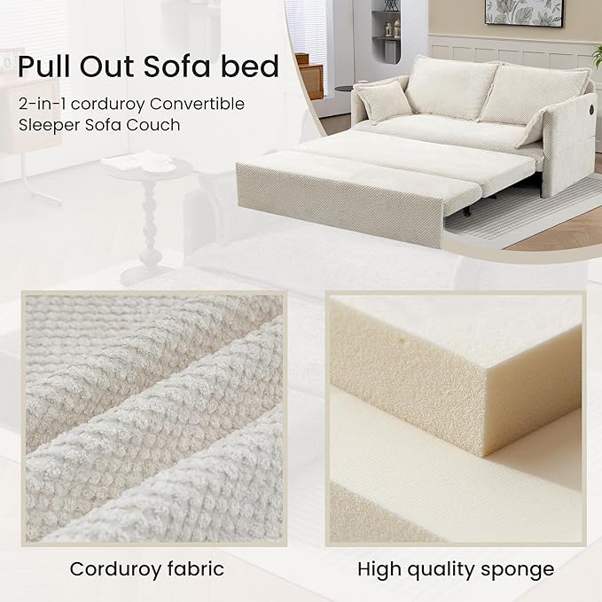 GRAINLLE Pull Out Couch,Loveseat Convertible Sleeper Sofa Bed with USB,Pull Out Sofa Bed Side Storage,2 Pillows,Corduroy Sleeper Couch for Living Room,Bedroom,Apartment,Pet-Friendly(Beige, 59.5'')
