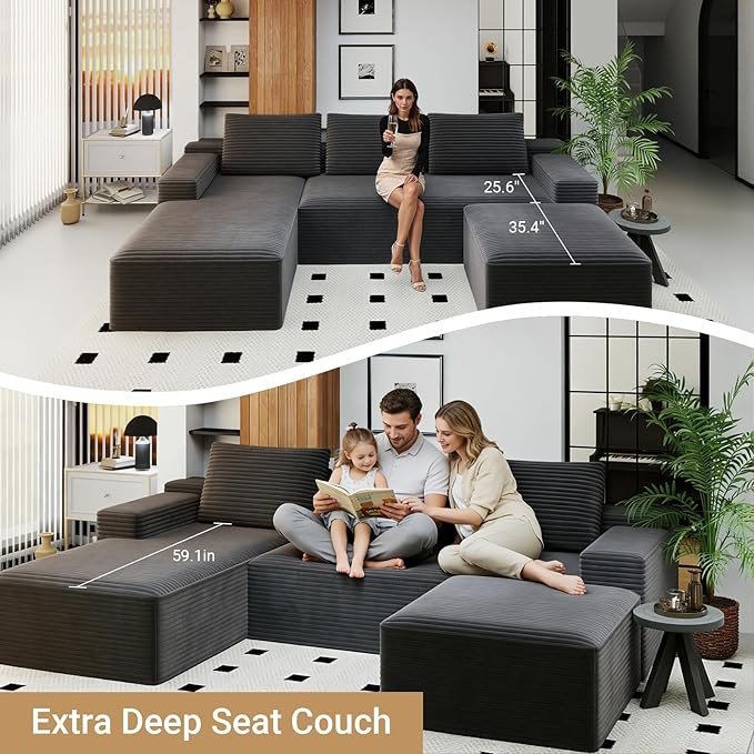 KAPEETOO Modular Sectional Sofa Cloud Couch with Left Chaise Longue, U Shaped Boneless Couch with Ottoman Deep Seat, Oversize 3-Seater Boneless Sofa Set for Living Room Bedroom (Grey)