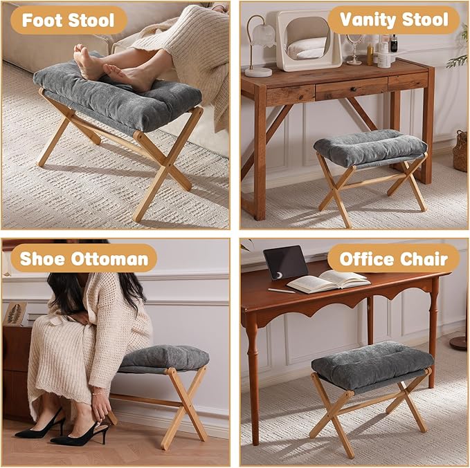 Folding Upholstered Footrest Stool, Small Accent Ottoman with Thick Cotton Cushion & Bamboo X Legs, Modern Padded Sofa Stool for Makeup Bedroom Living Room, Grey