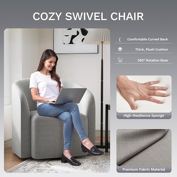 COLAMY Swivel Accent Chair, Barrel Chair with Armrest, Comfy Round 360°Mondern Armchair, for Living Room/Bedroom/Waiting Room, No Assembly, Gray