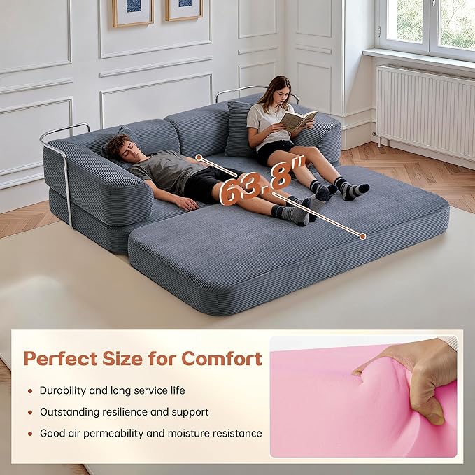 KEIKI 75" Modern Floor Sofa Bed with Convertible Blanket Pillow,Enhanced Frame Stability,Compressed Couch for Bedroom