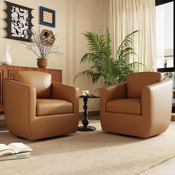 MALOL 360° Swivel Accent Chair Set of 2 with Pillow - Comfy Living Room Armchair No-Sag Foam & Sturdy Metal Base, Fully Assembled Swivel Accent Single Sofa for Bedroom Living Room, Office, Brown