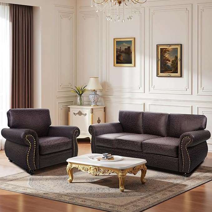 Couchus Mid-Century Vintage Sofa Couches with Rivet Design,3-Seater Sofa,Removable Sofa Cover Upholstered Cushions and Solid Wood Frame (Brown, 3-Seater)