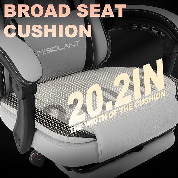 Misolant Gaming Chair, Fabric Gamer Chair with footrest for Adults, High Back Ergonomic Computer Game Chair with Adjustable Headrest and Massage Lumbar Support, 90-155° Recline Free, Gray