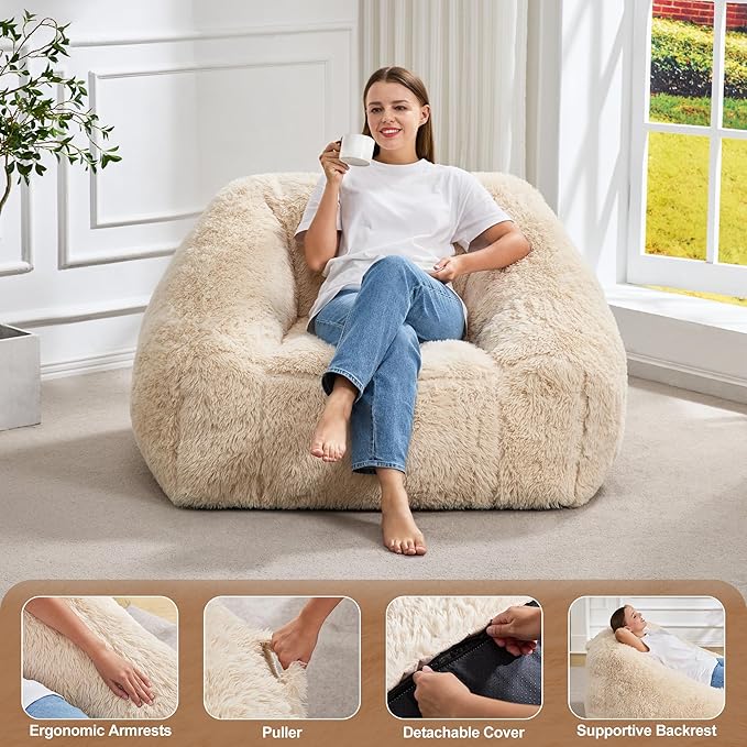 Hobestluk Bean Bag Chairs for Adults Giant Bean Bag Chair with Memory Foam Filling, Adult Beanbag for Bedroom, Living Room (White Plush)