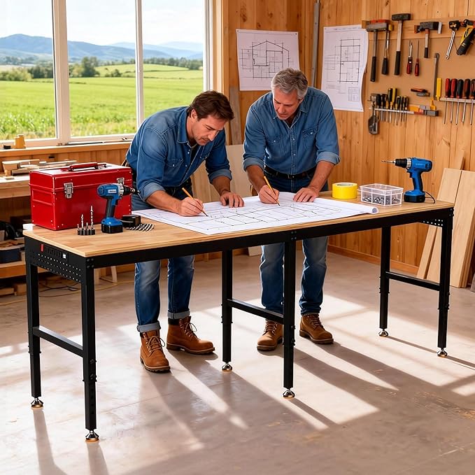Betterhood 96" Adjustable Workbench, 5000 LBS Heavy Duty Work Table with Power Outlets & Pegboard, Rubber Wood Workstation for Garage, Workshop, Office, Home, Commercial