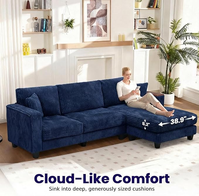 FurniMix 4-Seat Corduroy Sectional Sofa with Swappable Chaise, Soft Upholstery, Wide Seats & Armrest Storage,Blue