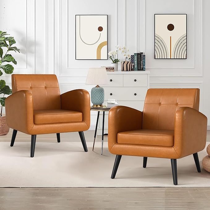 LSSPAID Accent Chairs Set of 2, Brown PU Leather Living Room Chairs, Modern Comfy Upholstered Armchairs Single Sofa Chair with Solid Wood Legs for Apartment, Reading, Office