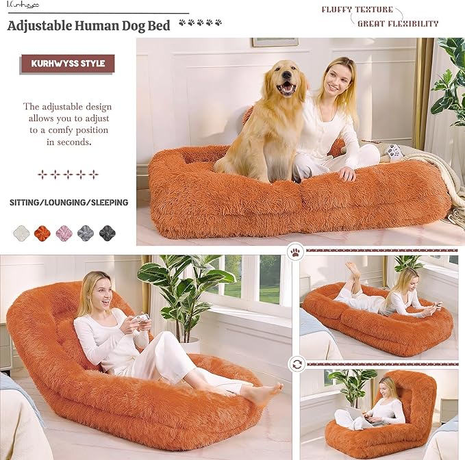 Upholstered Human Dog Bed for Adult & Pets, Convertible Lazy Sofa Bed with 5 Adjustable Position, Comfy Tatami Bean Bag Lounge Chair with 2 Soft Pillows for Bedroom Living Room (Orange Fluffy)