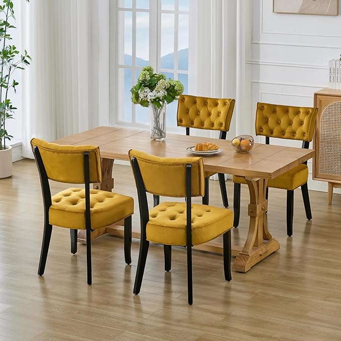 UVV Upholstered Dining Chairs Set of 4, Mid Century Modern Tufted Kitchen Chairs Dining Room Chairs, Velvet Dinner Chair with Wood Legs for Dining Room Kitchen, Turmeric-Black Legs