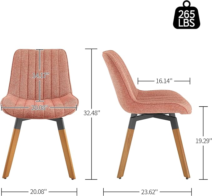 Art Leon Swivel Dining Chairs Set of 2, Mid Century Modern Kitchen Dining Room Chairs, Upholstered Fabric Armless Side Chair with Wood Legs for Living Room Bedroom, Rose