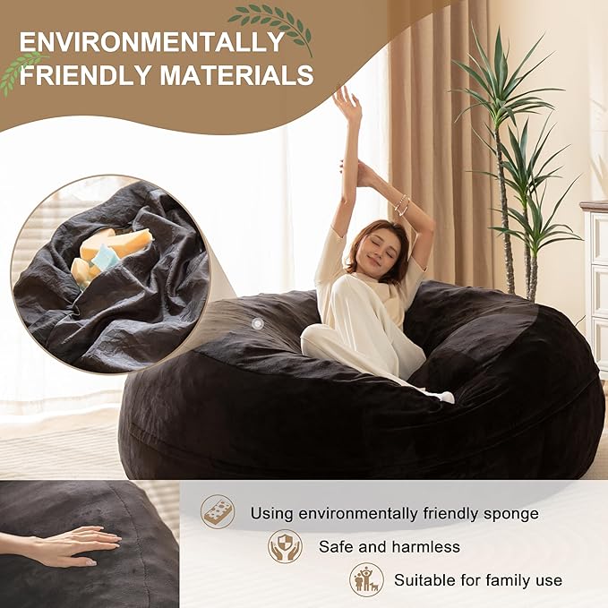 Bean Bag Chair for Adults, Floor Bean Bags Offers Ample Space for Adults,Memory Foam Giant Bean Bags,Lounger Versatile Design Suits Any Room,Movie Nights,Reading(Black,6FT)
