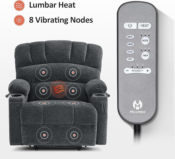 MCombo Small Power Lift Recliner Chair for Elderly, Petite Power Lift Chair with Heat and Massage for Seniors, Cup Holders, USB & Type C Ports, Fabric R7093 (Dark Grey, Small-Wide)