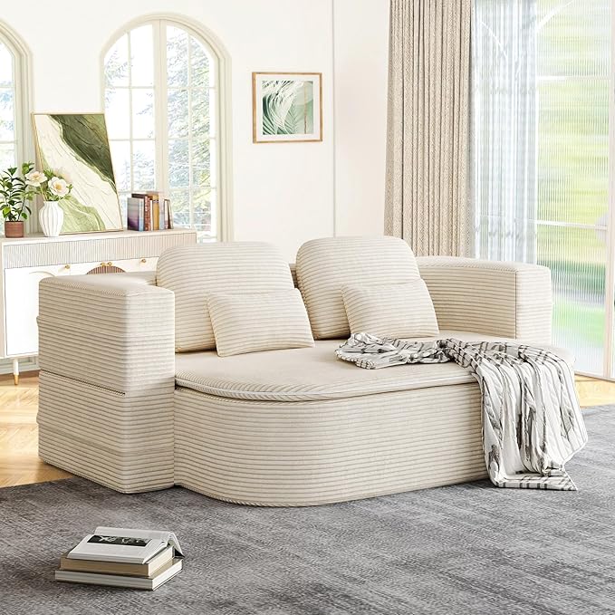 Antetek Convertible Sleeper Sofa, Modern Folding Futon Corduroy Floor Foam Compression Loveseat Sofa Bed Couch, Foldable Full Size Guest Bed with 4 Pillows for Living Room Bedroom Apartment, Beige