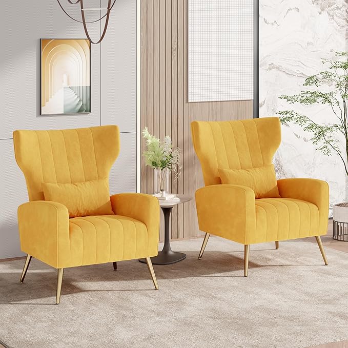 Nalupatio Modern Accent Chairs for Set of 2 Upholstered Velvet Fabric Reading Chair Mid Century Arm Chair Comfy Armchair for Living Room,Yellow