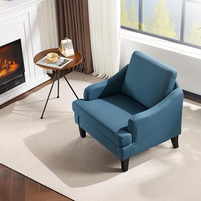 VINGLI Linen Fabric Accent Chair Navy Blue, Modern Upholstered Armchair, Comfy Sofa Chair Living Room Bedroom Furniture for Apartment