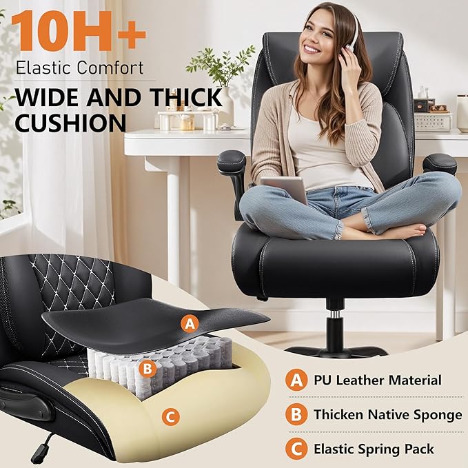 BESTFAIR Office Chair,Ergonomic Office Chair with Lumbar Support for Lower Back Pain Relief, Executive Leather Chair with Padded Flip-up Arms, Wheels and Adjustable Armrests, Black Pack of 6