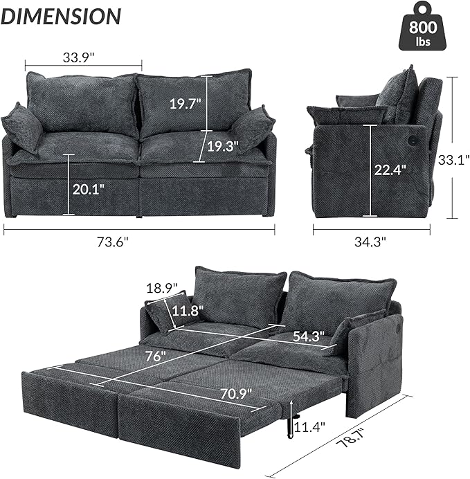 GRAINLLE King Size Pull Out Couch,3-in-1 Corduroy Sleeper Sofa with Pull Out Sofa Bed,USB & Side Storage,Convertible Loveseat Sleeper Couch for Living Room, Bedroom, pet-Friendly(Grey, 73.6'')