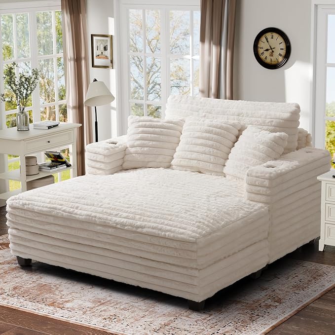 HUSFU 60'' Oversized Chaise Lounge Chair Indoor,Sleeper Cloud Chair,Chaise Lounge Sofa Bed with Cup Holder and Pillows,Plush Chairs Bed for Living Room Bedroom,Beige