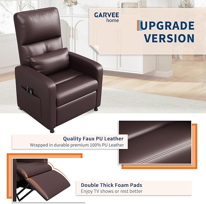 GarveeHome Power Recliner Chair, Adjustable Electric Recliner Ergonomic Overstuffed PU Leather Single Sofa, Tall Back, Padded Seat, 2 Side Pockets and USB Port, Home Theater Seating for Living Room