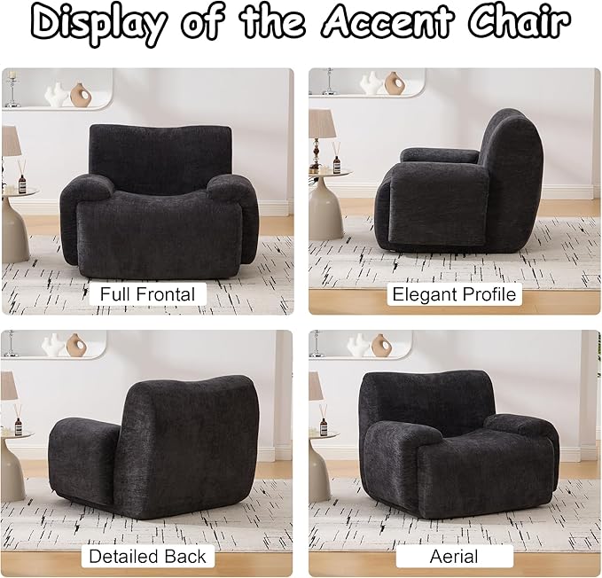 Boneless Chair, 42" W Oversized Single Sofa Chair for Living Room, Chenille Cloud Comfy Chairs, Foam Couch Armchair for Bedroom, Apartment, Office. Reading, No Assembly(Black)