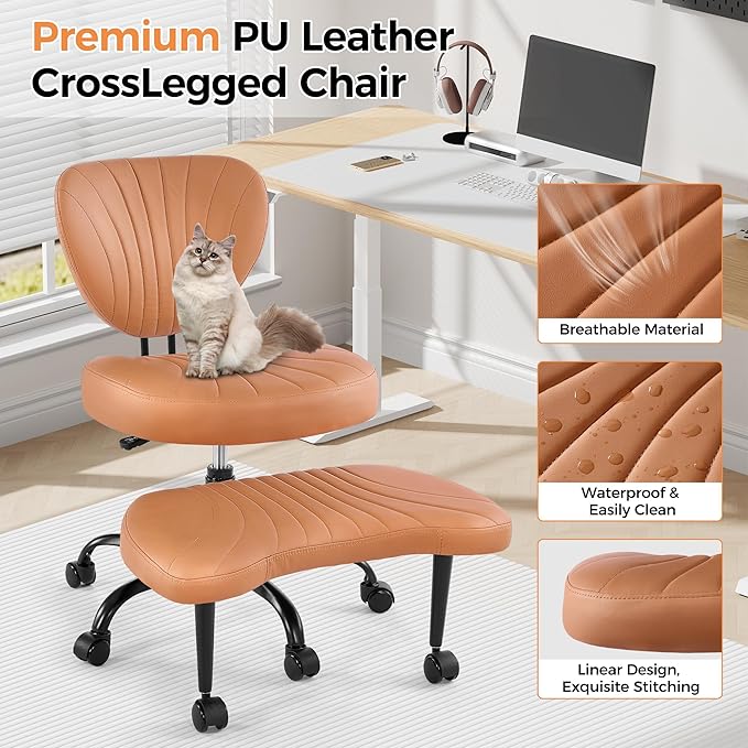 Cross Legged Office Chair, Ergonomic Criss Cross Chair with Wheels, 360° Swivel Height-Adjustable Meditation Chair for Yoga & ADHD, Wide Kneeling Chair with Strong Lumbar Support (Brown) BPY01Z