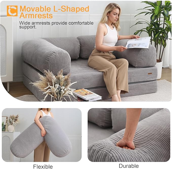 COMAX Futon Sofa Bed, 4-in-1 Floor Foldable Sofa Couch Bed with L-Shaped Armrests, Convertible Folding Chair Bed Sleeper Mattress Fold Out Lounge for Living Room Bedroom, Light Grey