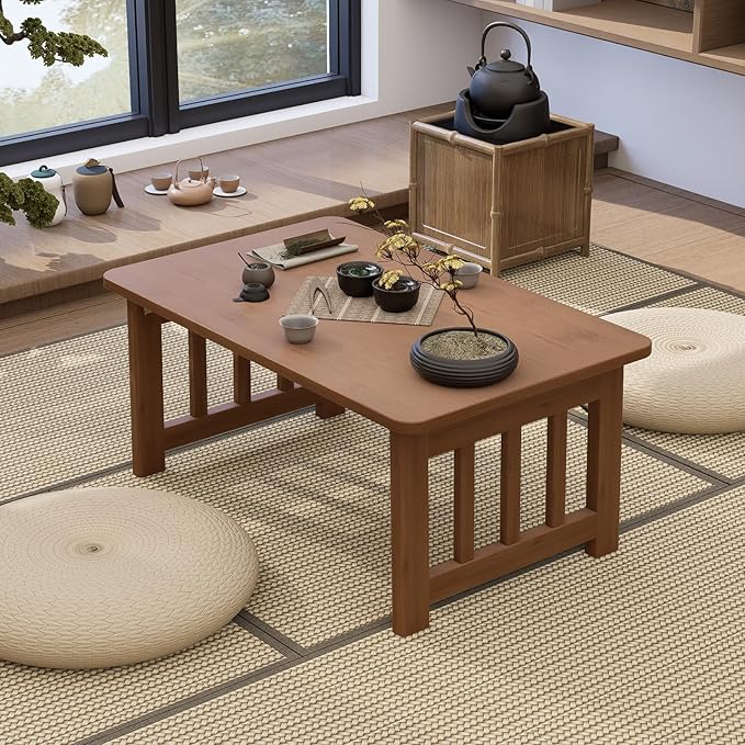 JNNXZZ Japanese Folding Coffee Table,Foldable Low Table for Sitting,Bamboo Collapsible Floor Tea Table,Portable Versatile Meditation Table for Tatami Living Room Home Office Apartment (Brown)