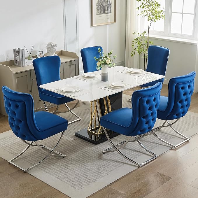 WUTUTUEE Luxury Velvet Dining Chairs, Tufted Upholstered Armless Accent Chairs with Silver Metal X-Legs, Modern Glam Dining Room Chair Set of 2, Navy
