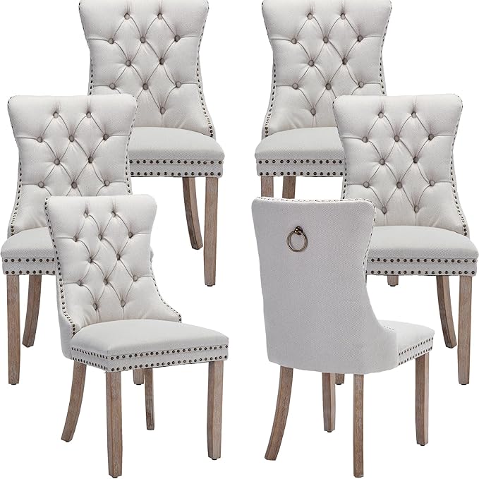 YeahFurn Beige Mid Century Modern Dining Chairs Set of 6, Linen Upholstered Kitchen & Dining Room Chairs with Nailhead Trim & Solid Wood Legs, Elegant Sillas De Comedor (Beige, 6 Pcs)