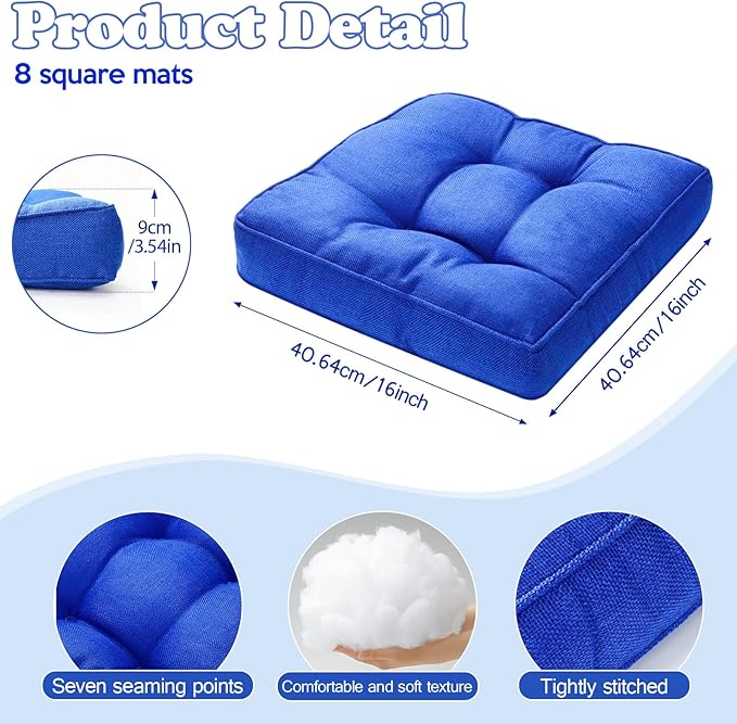 Fumete 8 Pcs Square Floor Pillows for Kids and Adult 16''x16'' Flexible Seating Floor Cushion for Classroom Multicolor Meditation Cushions for Home Daycare Preschool Yoga Meditation (Blue)