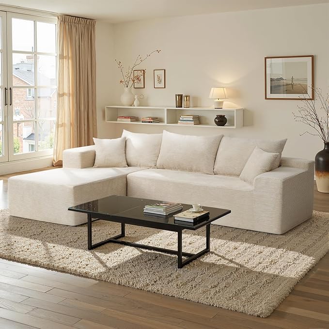Sectional Cloud Boneless Couch for Living Room Bedroom, Comfy Modern L Shaped Modular Sofa with Left Facing Chaise, Deep Seat Memory Foam Couch in Box, No Assembly (Fine Striped Corduroy, Beige)