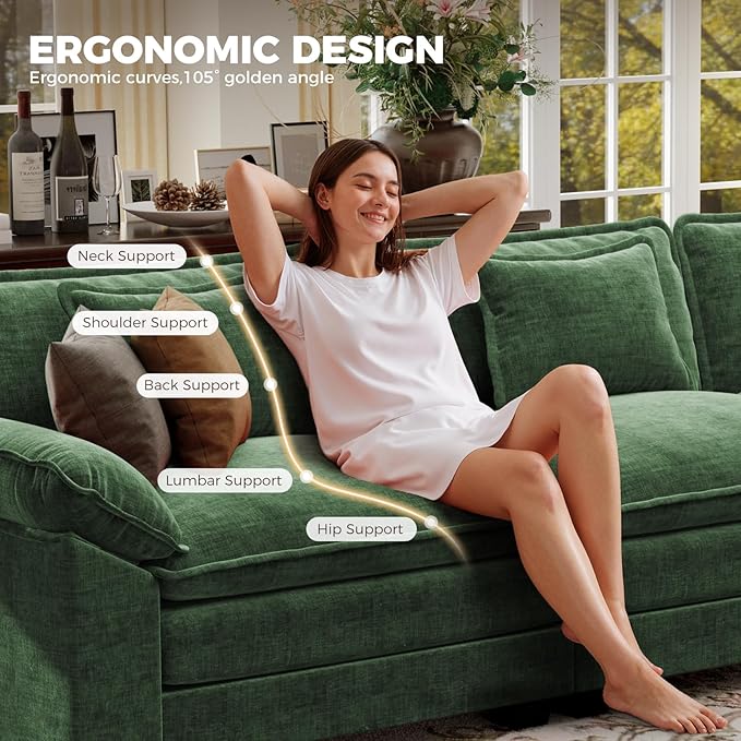 CDCASA 86" Modular Sectional Sofa, Comfy Cloud Couch with 2 Movable Ottoman, 4-Seater Chenille Deep Seat Sofa Bed Modern Sofa Couch for Living Room, DIY Combination, Green