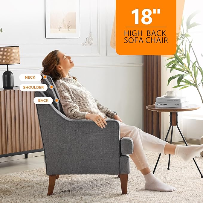 VINGLI Mid-Century Modern Accent Chairs Set of 2, Light Grey Upholstered Armchair Comfy Sofa Chairs Reading Chair High Back for Living Room Bedroom Furniture Apartment