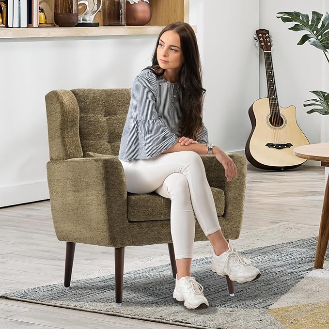 QKFF Modern Accent Chair, Upholstered Armchair with Pillow, Fabric Single Sofa Chair with Lounge Seat and Wood Legs Accent Chair for Living Room Bedroom Small Spaces (Avocado, Set of 2)