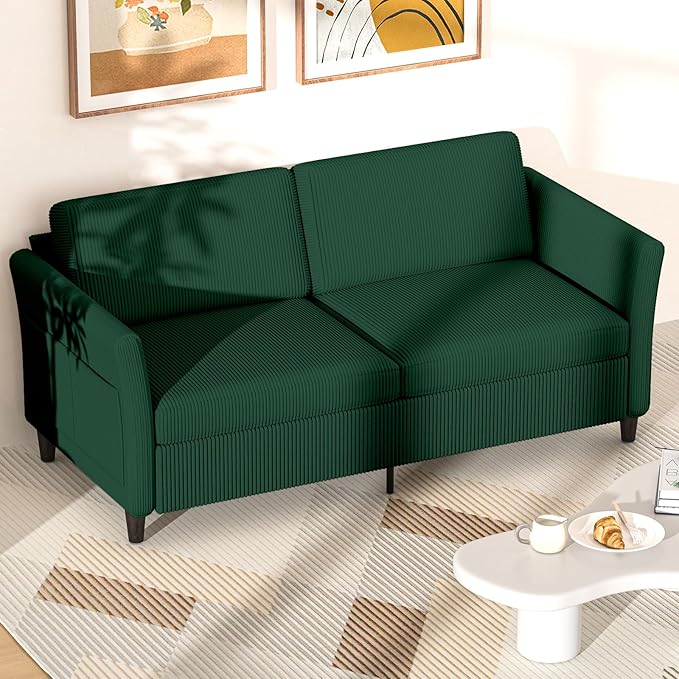 Valthie 79.1" Corduroy Loveseat Sofa, Modern Comfy Couches with Side Pocket, 3-Seater Sofa Couch for Living Room, Bedroom and Small Spaces,Green