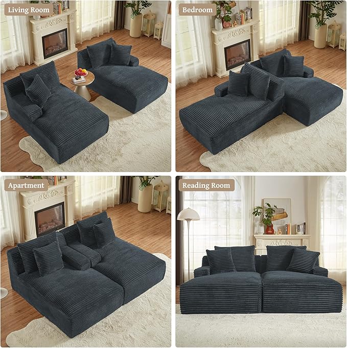 VEPXXP 80" Double Chaise Lounge Chair Indoor, Oversized Boneless Couch Comfy Upholstered Sleeper Sofa Bed with 4 Pillows, Corduroy Cloud Loveseat Chair for Living Room No Assembly Required, Dark Grey